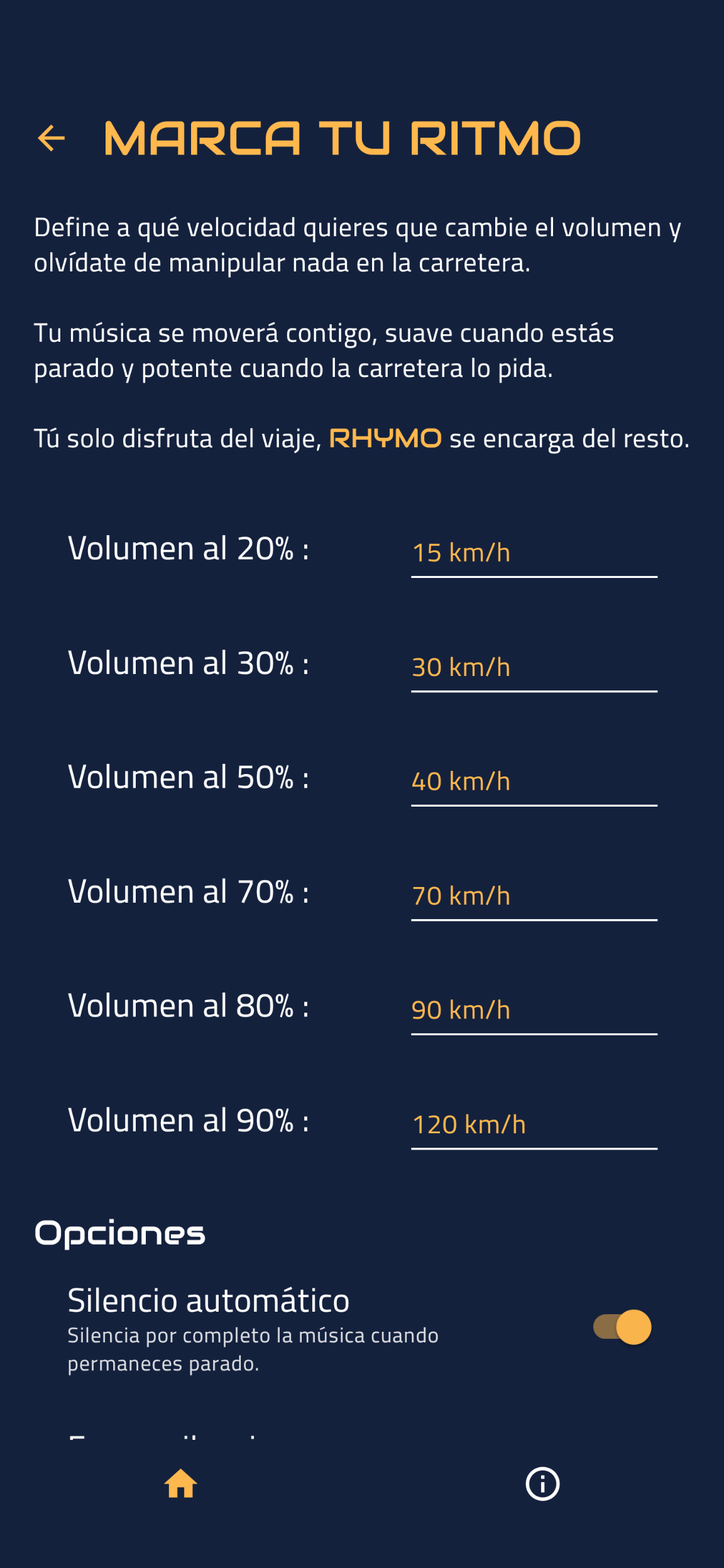 Pantalla de ajustes de niveles velocidad-volumen